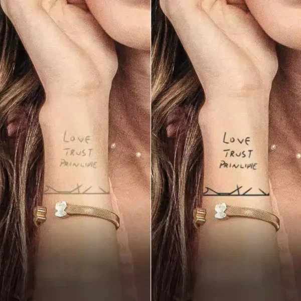 An understated temporary tattoo displaying the phrase Love Trust Principle in a clean, minimalist style.