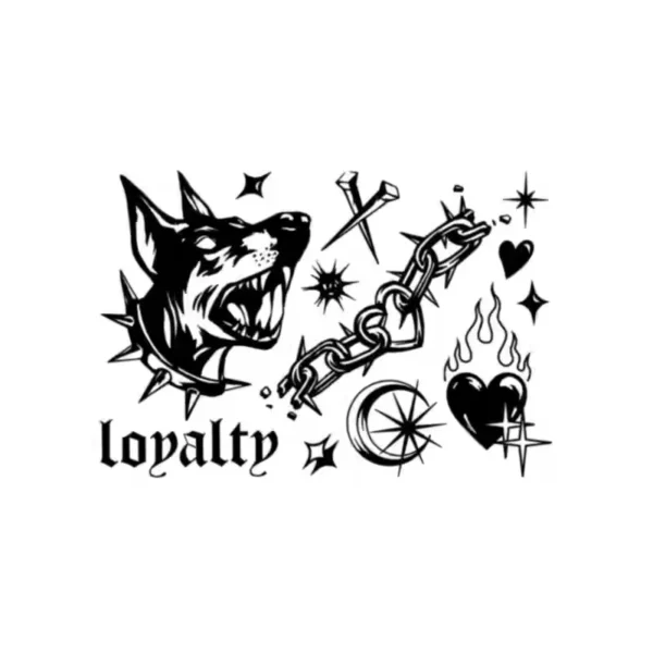 Artistic rendering of the Loyalty temporary tattoo, showcasing the intricate, monochrome depiction of the wolf, crossed swords, and various symbolic elements._11_11zon