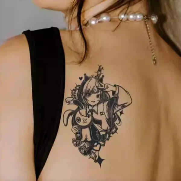 Black and white illustration of the temporary tattoo, emphasizing the intricate details and the sense of playful innocence within the anime-inspired design._28_11zon