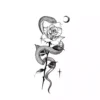 Intricate design of a rose entwined with a serpent against a black background.