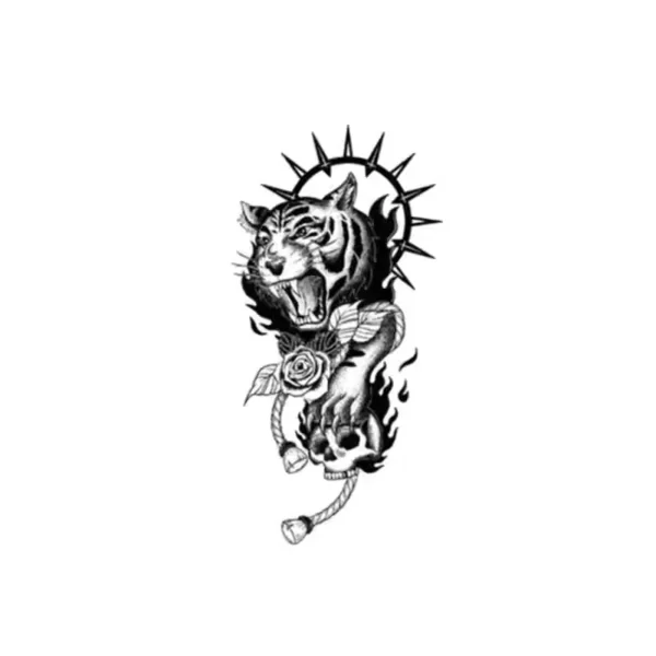 Black and white fierce tiger temporary tattoo with skull and rose