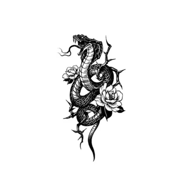 Cobra and roses intertwined temporary tattoo design