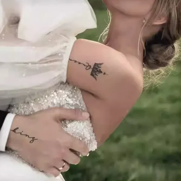 Couple's matching crown temporary tattoo with King and Queen text