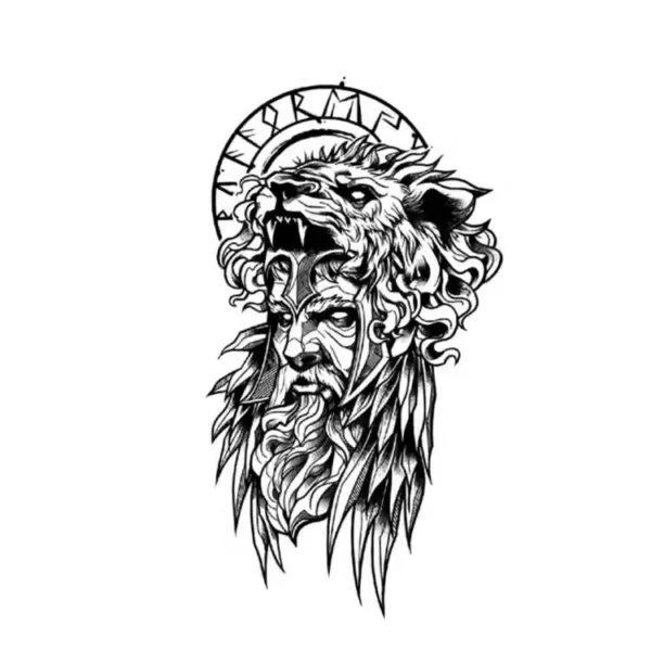 Detailed Norse warrior with wolf headdress temporary tattoo design