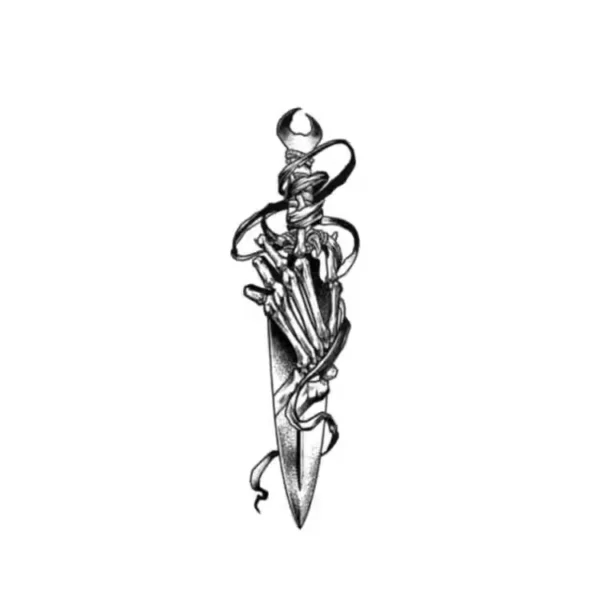 Detailed skeleton hand gripping dagger temporary tattoo design