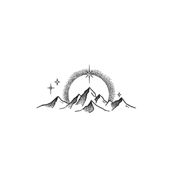 Mountain range silhouette temporary tattoo with crescent moon and stars_68_11zon