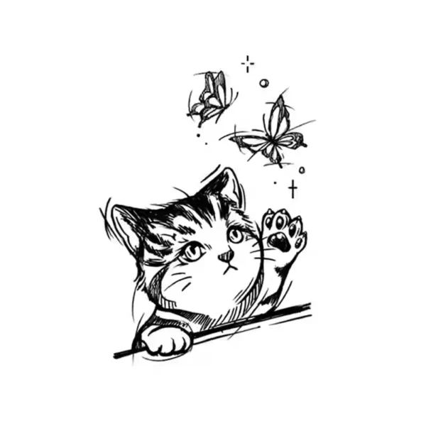 Sketched cat watching butterflies temporary tattoo design