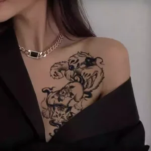 Stylized feline guardian temporary body art with floral patterns